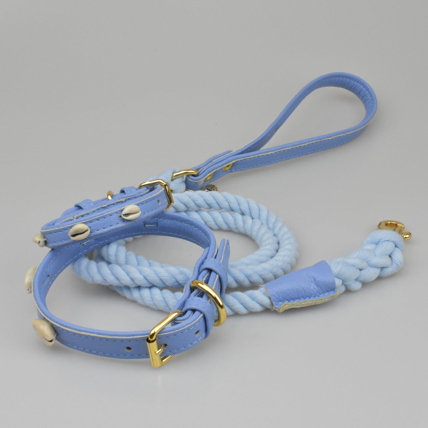 Willow Walks rope lead with leather handle in cornflower blue