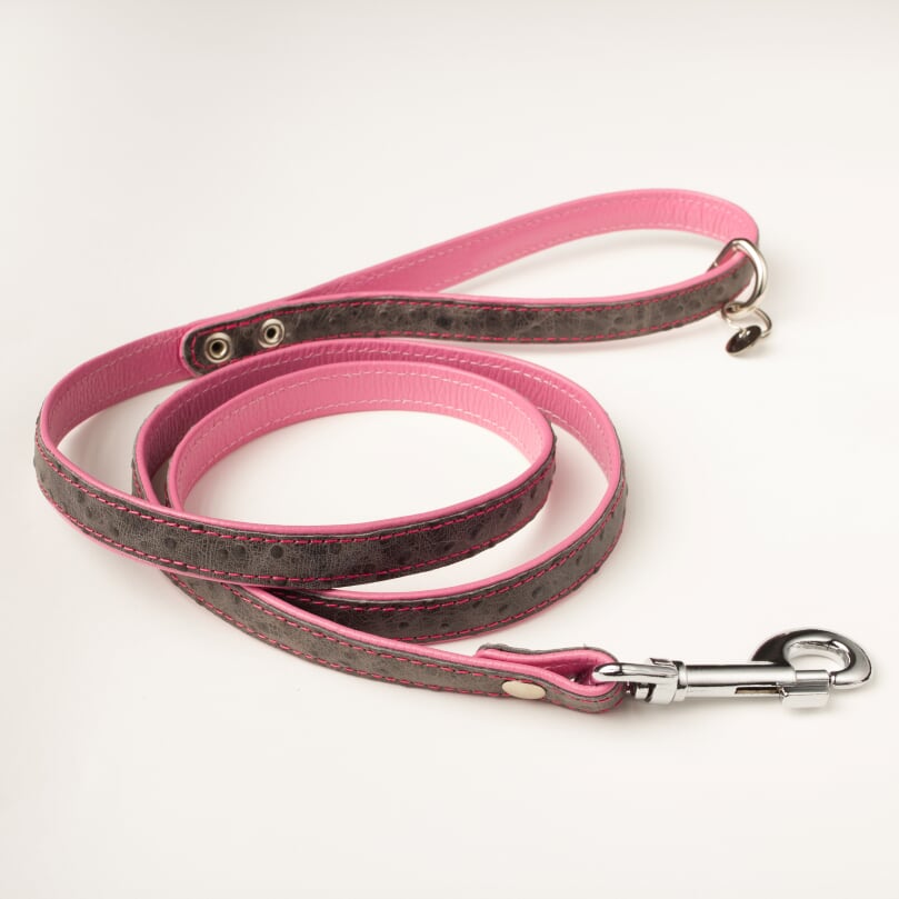 Willow Walks double sided soft leather lead with ostrich effect in grey and bright pink