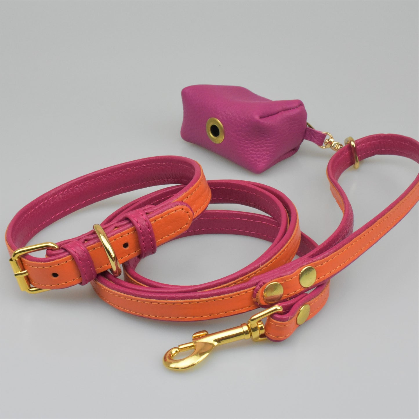 Willow Walks double sided soft leather lead in fuchsia and orange