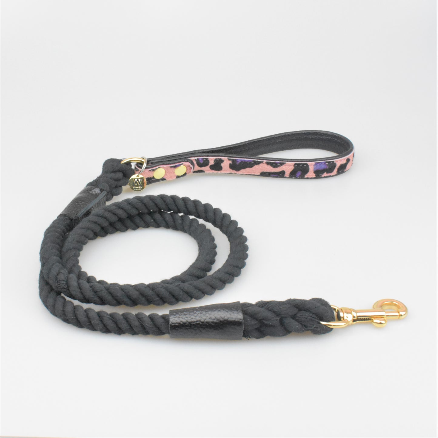 Willow Walks rope lead with leather handle in black and multi leo