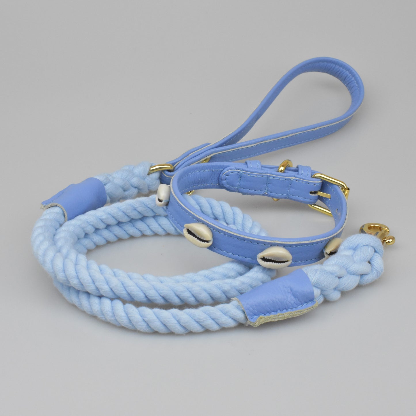 Willow Walks rope lead with leather handle in cornflower blue