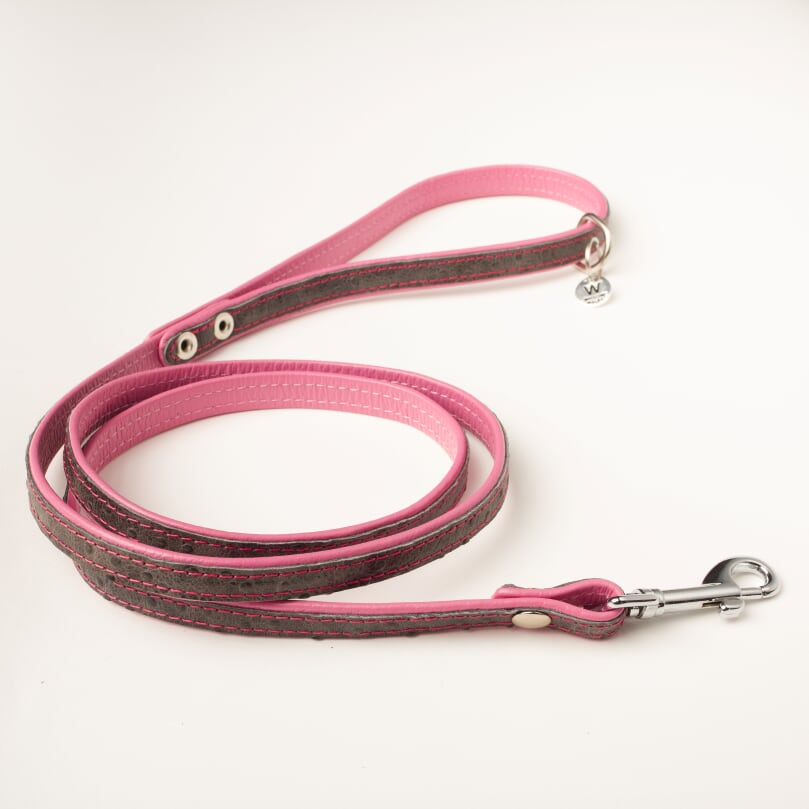 Willow Walks double sided soft leather lead with ostrich effect in grey and bright pink
