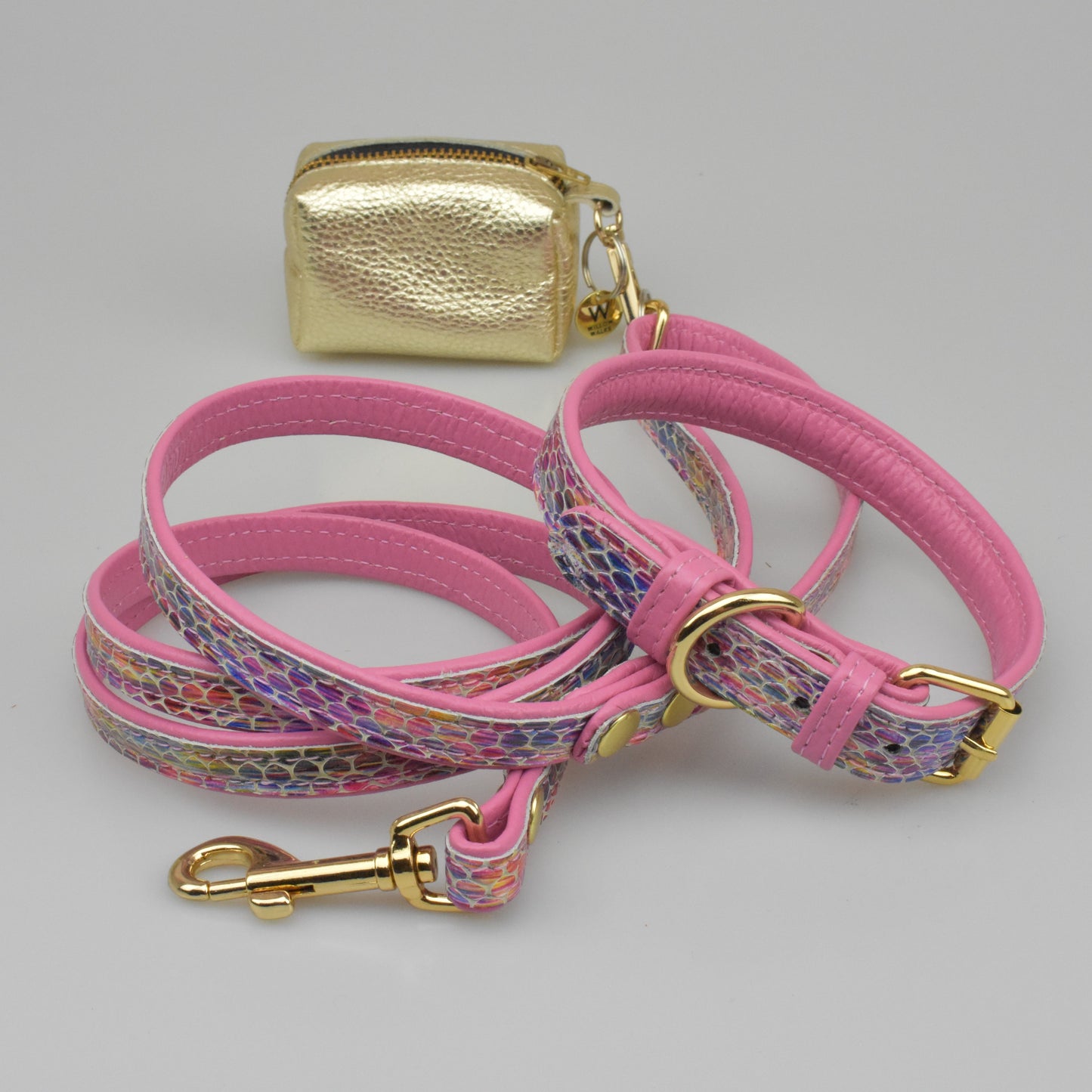 Willow Walks double sided soft leather lead in multi snake and hot pink