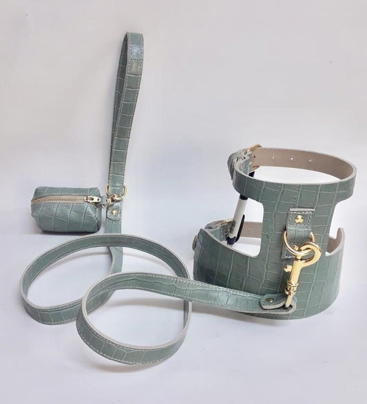 Willow Walks adjustable leather harness with croc effect in sage green